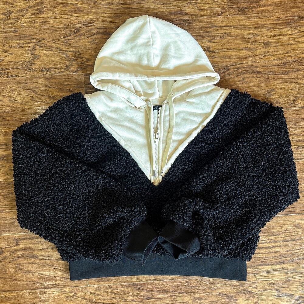 For Love & Lemons Black Sherpa Cream Satin Hood Zip Hoodie Women's Medium